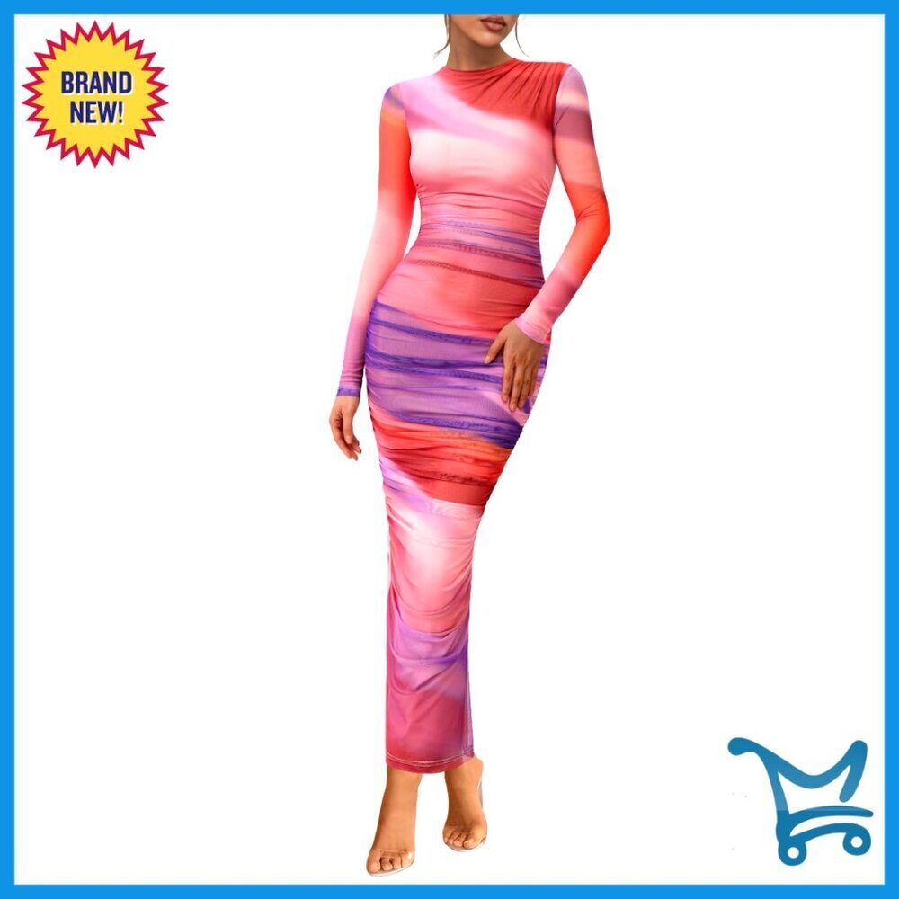Long Sleeve Maxi Dress Ruched Bodycon Mesh Formal Wedding Guest Cocktail